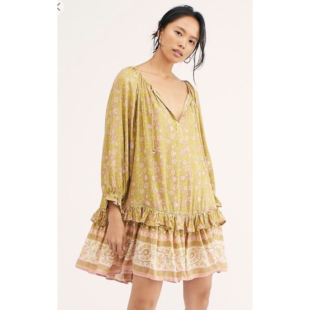 NWT FREE PEOPLE Spell & The Gypsy Dahlia Tunic Floral Dress Sz M Gold Stripe - Picture 2 of 6